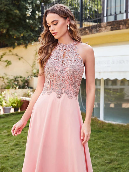 Vestido de Madrinha com Gola Halter Renda Pérolas Corpete Saia Longa até o Chão Chiffon Sexy Costas Abertas Roupa de Casamento