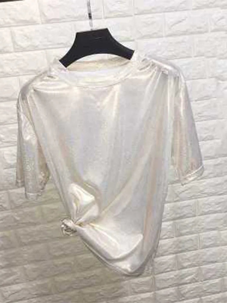 Summer woman tops shiny loose short sleeve t-shirt sexy club aesthetic harajuku women stylish bright silk tshirt