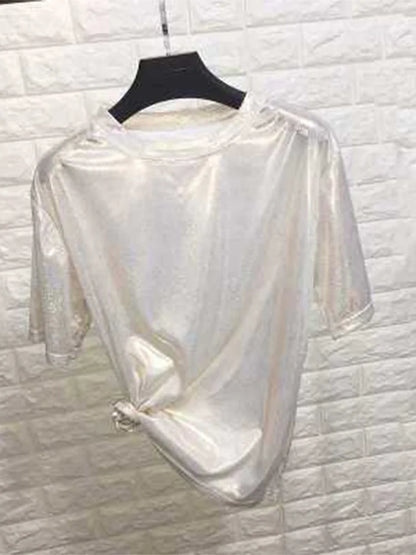 Summer woman tops shiny loose short sleeve t-shirt sexy club aesthetic harajuku women stylish bright silk tshirt