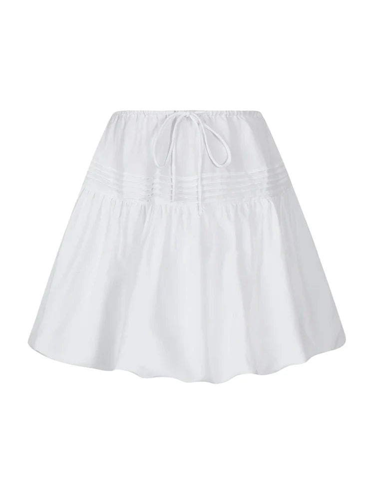 Summer 2025 Women's Pure Color Ruffle Casual Skirt Y2K Tie Mini Polyester Comfortable New Fashion for Ladies