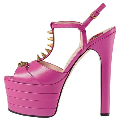 2026 Women's Round Head Sandals Thin Heels 5cm Thick Bottom Slope Heel Fish Mouth Rivet Sandal T-Platform Sandals Size34-43