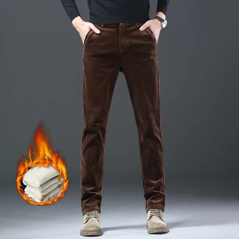 Fleece Winter Brand Men Clothing Corduroy Pants Warm Business Slim Velvet Korean Casual Trousers Male Plush Pants