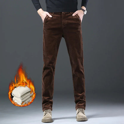 Fleece Winter Brand Men Clothing Corduroy Pants Warm Business Slim Velvet Korean Casual Trousers Male Plush Pants
