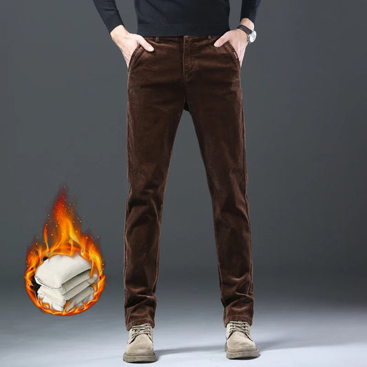Fleece Winter Brand Men Clothing Corduroy Pants Warm Business Slim Velvet Korean Casual Trousers Male Plush Pants