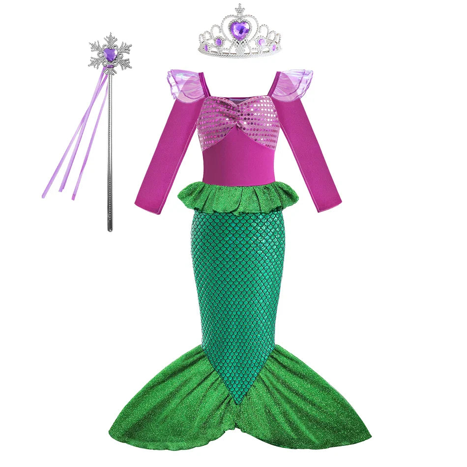 Mermaid Costume for Girl Long Sleeve Girls Dress Carnival Evening Party Dresses Kids Halloween Birthday Prom Dress Up Clothes