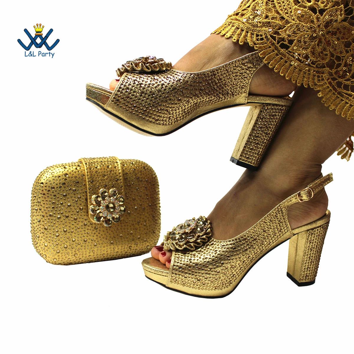 Special Design Women Crystal Style African Ladies Party Shoes Matching Bag in Magenta Color