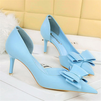 Women 7.5cm 10cm High Heels Korean Pumps Scarpins Cute Bow Middle Low Heels Lady Fetish Sweet Wedding Bridal Yellow Blue Shoes