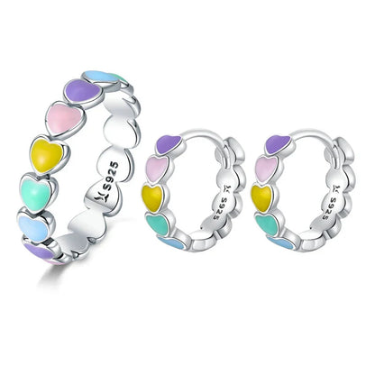 925 Sterling Silver Rainbow Series Heart to Heart Ring & Earrings Jewelry Set for Women Fine Jewelry Gift