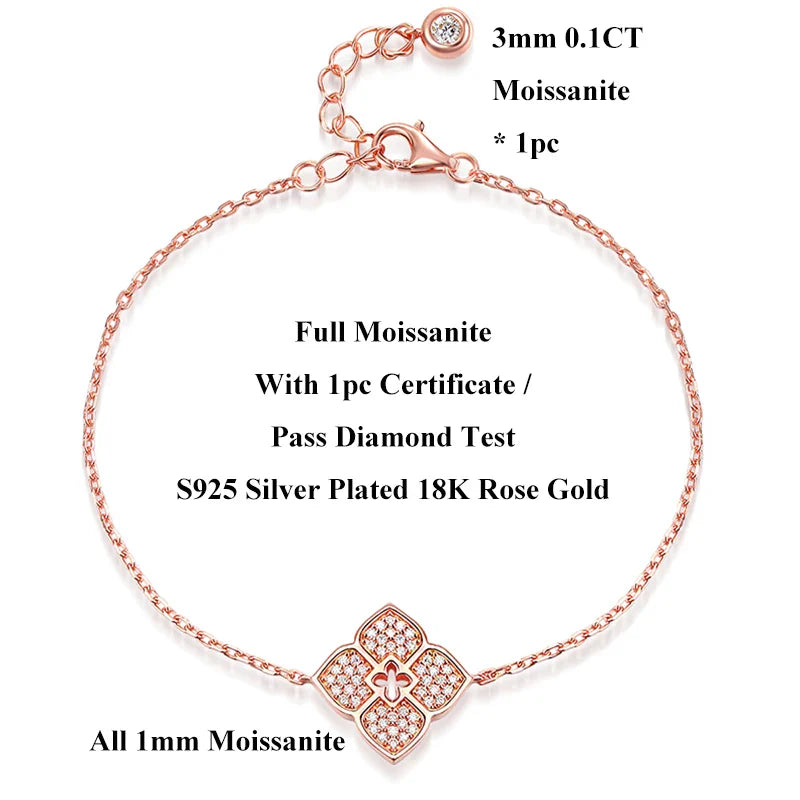 Lucky Clover Full Moissanite Link Bracelet Women S925 Silver Pear Cut Lab Diamond Bridal Adjustable Dainty Hand Chain Gift
