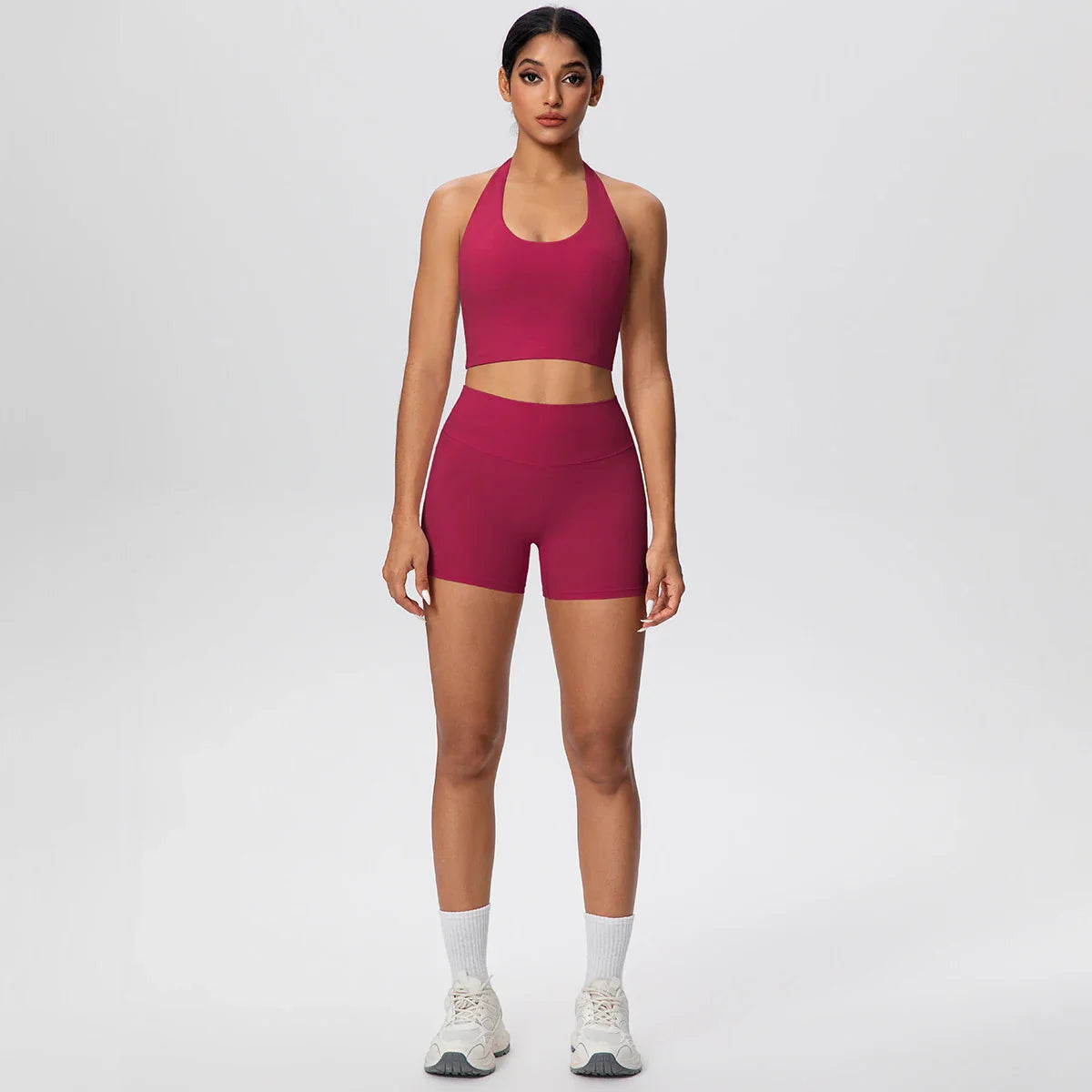 2picese Women Yoga Suit Solid Color High Waist Hip Push Up Fitness Shorts Sexy Pilates Backless Gym Hanging Neck Bra Yoga Set
