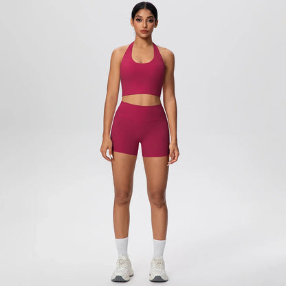 2picese Women Yoga Suit Solid Color High Waist Hip Push Up Fitness Shorts Sexy Pilates Backless Gym Hanging Neck Bra Yoga Set