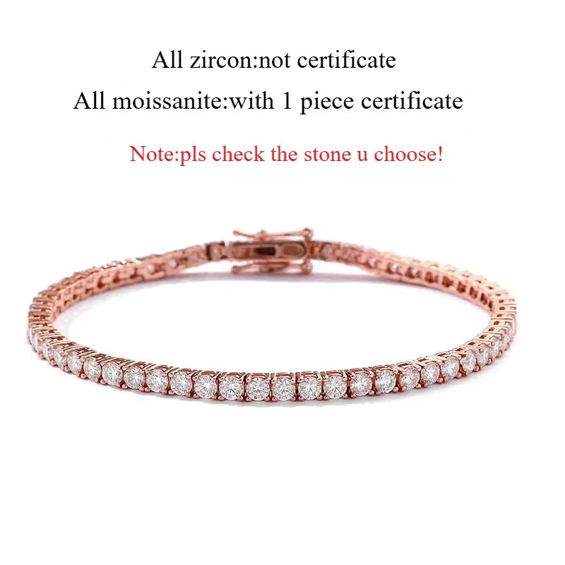 18k Gold Plated Moissanite Tennis Bracelet for Women 3/4/5mm Classic 925 Sterling Silver Certified Bracelet for Men Chain