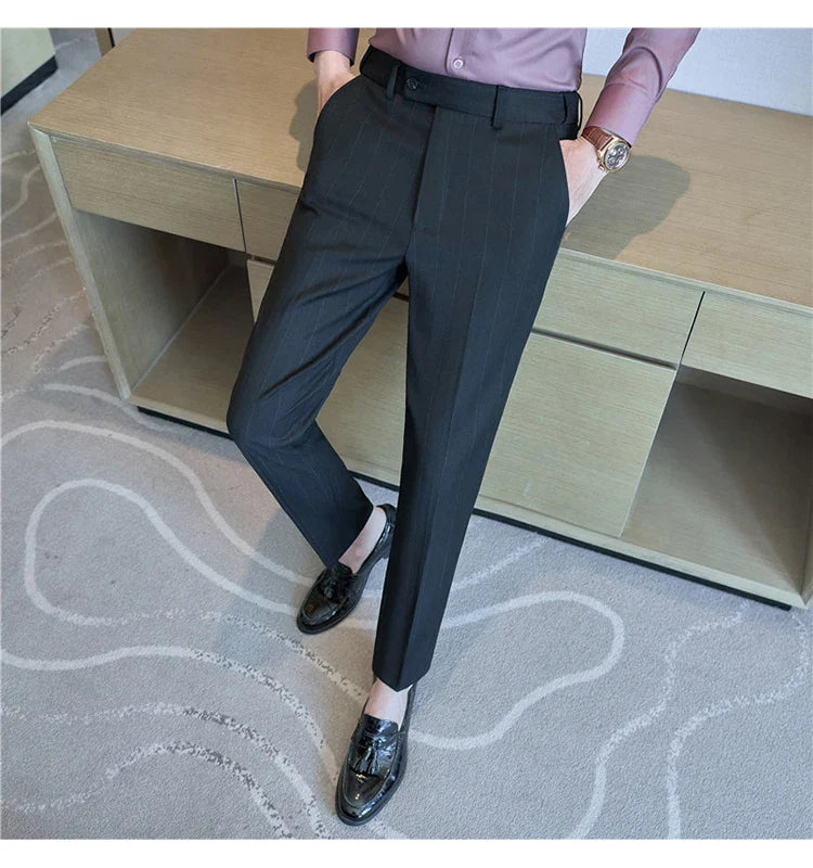 Men's Wool Blend Dress Pants, Elastic Waist Business Trousers, Tapered Slim Fit, Charcoal Gray Black Navy