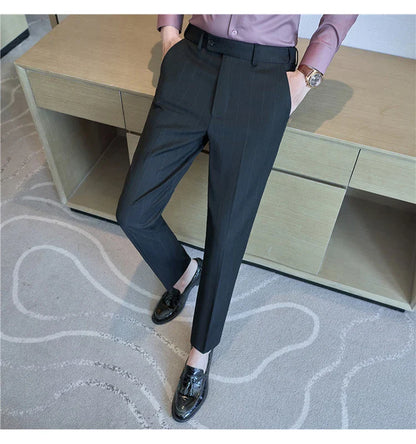 Men's Wool Blend Dress Pants, Elastic Waist Business Trousers, Tapered Slim Fit, Charcoal Gray Black Navy
