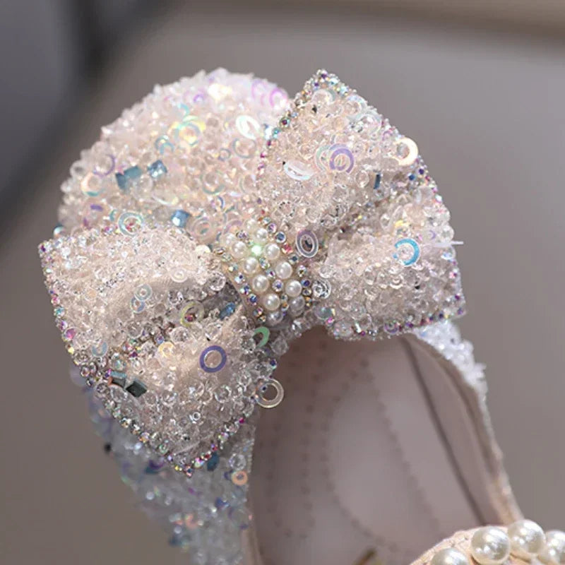 Toddler Girl's Princess Shoes Sequins Lace Bowknot 21-36 Children Mary Janes Three Colors Luxury Trendy Party Kids Shoes Flats