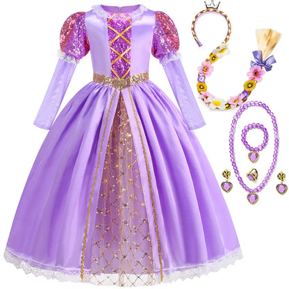Short Sleeve Purple Puffy Dress + Accessories Girls Cosplay Rapunzel Summer Casual Dress Birthday Party Gift