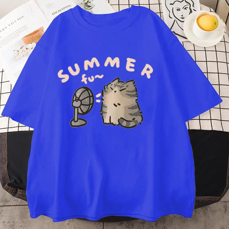 Korean Version Retro Minimalist Cat Printed Summer T-shirt Casual Loose Couple Thin Short Sleeves Women Men T Shirts