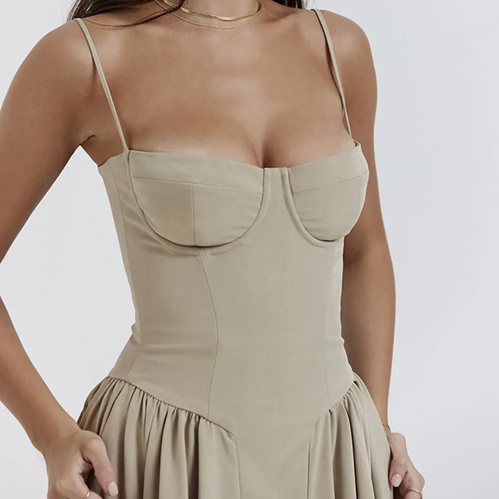 Women Elegant Sleeveless Backless Pleated Dresses Lady Sexy Solid Sling Midi Dress 2024 Female Party Evening A-line Robes
