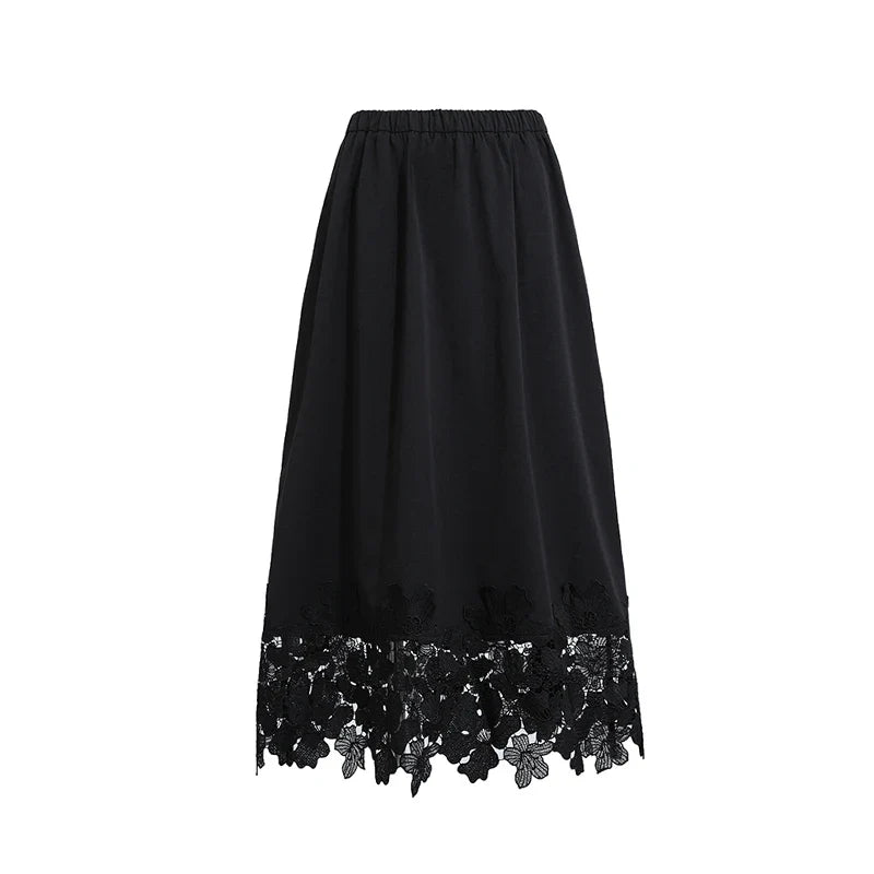 Women's Skirt 2026 Summer New Elastic Waist Cutout Lace Hem Midi Casual Loose Fit Floral Trim Skirt For Women 12622106
