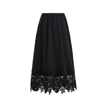Women's Skirt 2026 Summer New Elastic Waist Cutout Lace Hem Midi Casual Loose Fit Floral Trim Skirt For Women 12622106