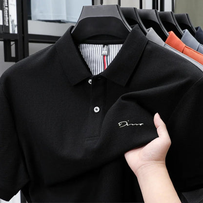 Brand 100%pure cotton short sleeve polo shirt men's new fashion letter embossed business casual solid color summer lapel T-shirt