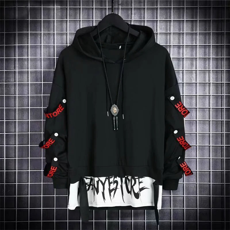 New Men's Hoodies Sweatshirt Autumn Casual Techwear Hip Hop Harajuku Hoodie Men Ribbons Patchwork Japanese Streetwear Darkwear