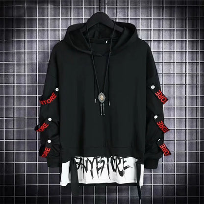 New Men's Hoodies Sweatshirt Autumn Casual Techwear Hip Hop Harajuku Hoodie Men Ribbons Patchwork Japanese Streetwear Darkwear