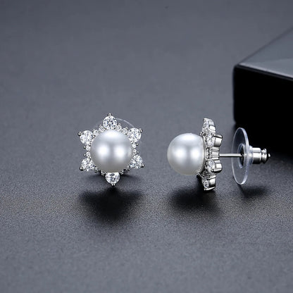 2026 Fashion Jewelry Silver Plated  Crystal Pearl Stud Earrings