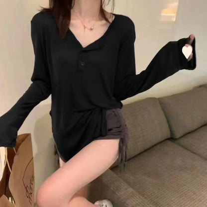Korean Fashion Y2k Tank Top Long Sleeve V Collar Crop Top Button Sun Protection Frock Lady