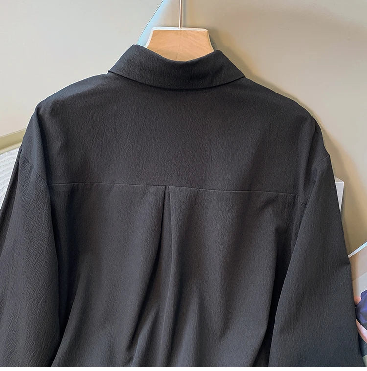 2026 Women's Plus Size Blouse Korean Style Spring Autumn Loose Elegant Casual Mid-length Tops Long Sleeved Waist Cinching Shirts