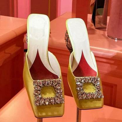 Summer Rhinestone Pumps Women Square Toe Mules Female Crystal High Heels Women Shoes Femmes Chaussures sandalias de las mujeres