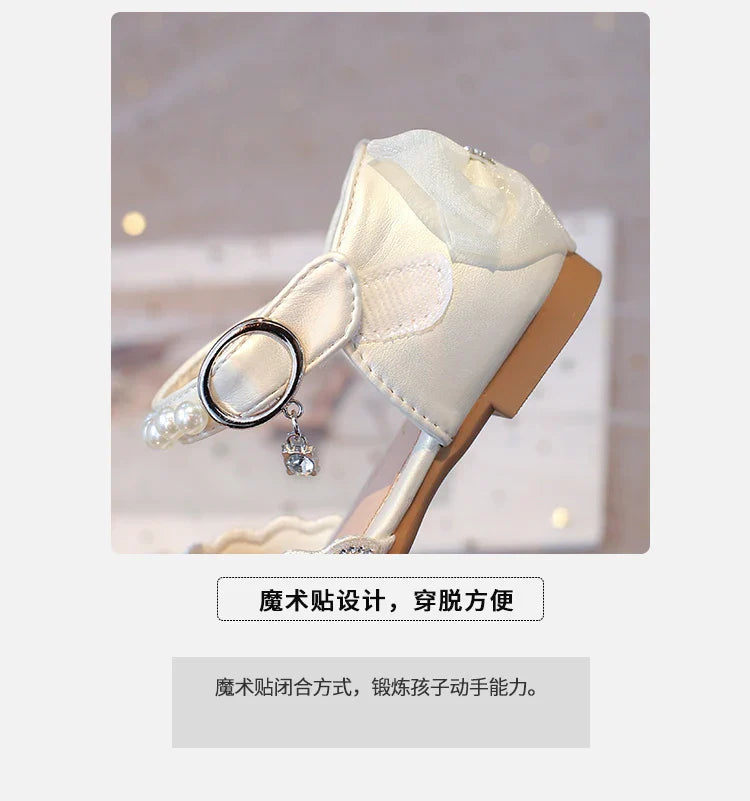 2025Summer Girls Sandals With Heel Fashion Rhinestone Shiny Glitter Shoes Children Princess Bowtie Pearl Dancing Shoes