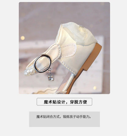 2025Summer Girls Sandals With Heel Fashion Rhinestone Shiny Glitter Shoes Children Princess Bowtie Pearl Dancing Shoes