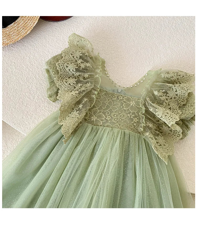 Kid Girl Elegant Light Green Dress for Children Intricate Lace Flutter Sleeves and Voluminous Sparkling Tulle Skirt Summer