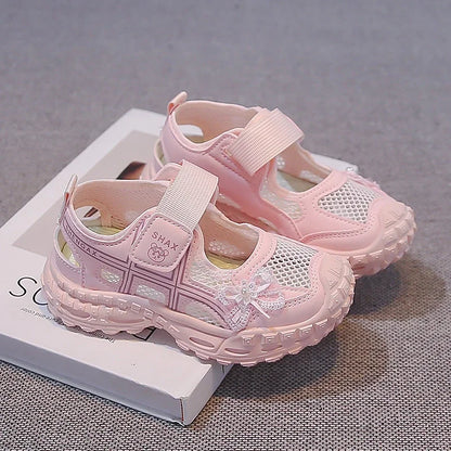 2026 summer new girls' bow mesh toe sandals soft and casual beach sandals children's outdoor walking non slip flat shoes