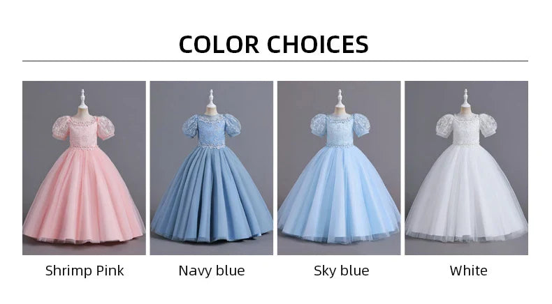 8901 Vestido Infantil para Meninas de 4 a 12 anos Princesa Lantejoulas Manga Bufante Longo Tule Florista Casamento Verão Pequeno