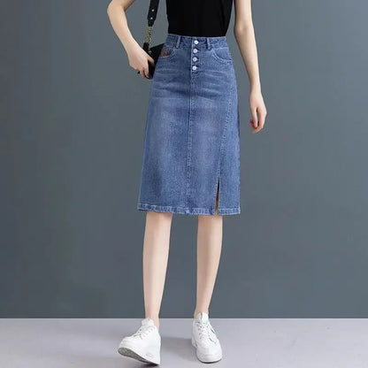 Chubby High Waist Female Jeans Skirts Blue Women's Denim Skirt with Pocket Midi To Knees Length 2025 Trend New in Y2k Vintage V