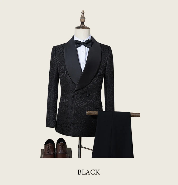 Luxury shawl collar 2-piece suit set men's party high-end business casual suit groom's wedding dress Jacquard pattern