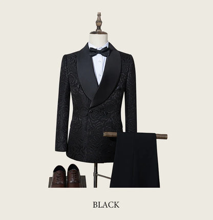 Luxury shawl collar 2-piece suit set men's party high-end business casual suit groom's wedding dress Jacquard pattern