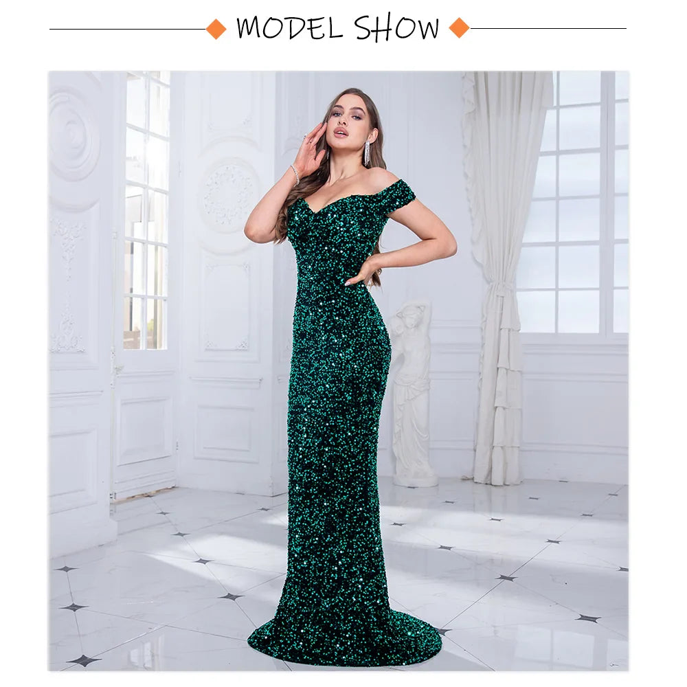 Vestido de Noite Sereia Romagic com Ombro a Ombro Vermelho, Paetê Elástico, Veludo, Gola Cortada, Comprimento Longo, Vestido de Luxo para Festa Feminina