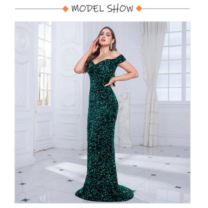 Vestido de Noite Sereia Romagic com Ombro a Ombro Vermelho, Paetê Elástico, Veludo, Gola Cortada, Comprimento Longo, Vestido de Luxo para Festa Feminina