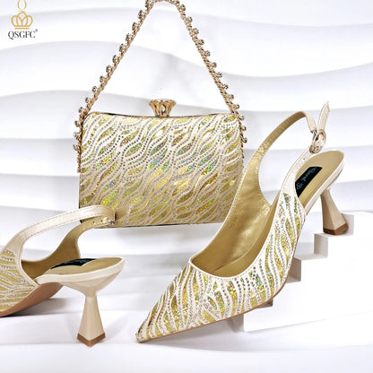 Fashion Shoes Matching Bag Set Royal Blue Color Decorated with Crystal Ladies Wedding Party Women High Heel