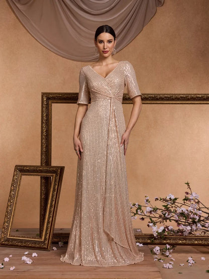 Luxury Floor Length V-Neck Evening Dress 2025 Women Elegant Party Maxi Sequin Short Sleeves Prom Cocktail Graduation Dress