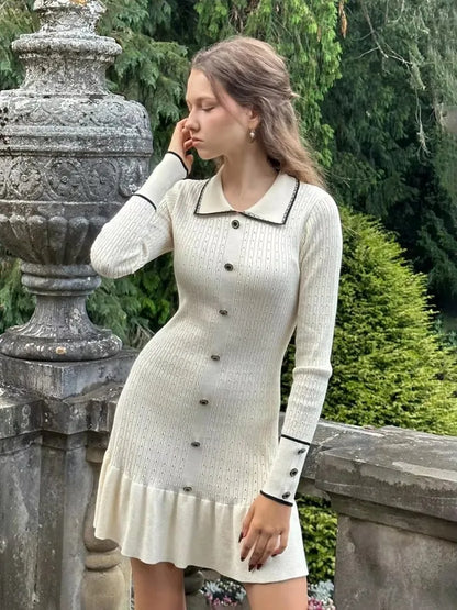 High Waist Ruffled Maxi Dresses For Women Autumn Winter Knitted Slim Long Dress Women's Vintage Dress Woman Retro Elegant
