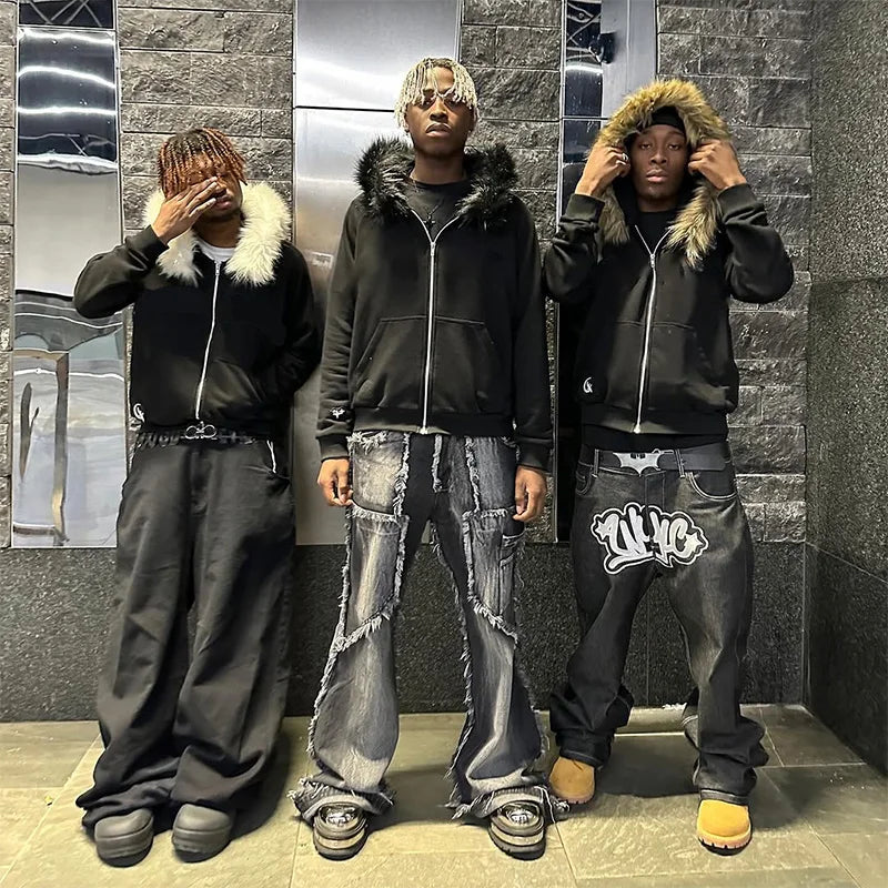 2025 Outono/Inverno Novas Blusas Y2k Harajuku Gola de Pele Artificial Moletom com Capuz Roupa Estampada Hip Hop Punk Gótico Moletom com Zíper