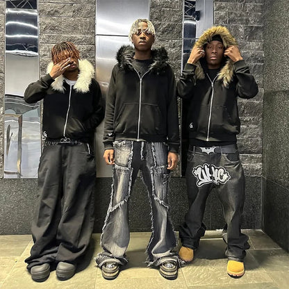 2025 Outono/Inverno Novas Blusas Y2k Harajuku Gola de Pele Artificial Moletom com Capuz Roupa Estampada Hip Hop Punk Gótico Moletom com Zíper