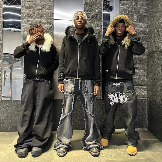2025 Outono/Inverno Novas Blusas Y2k Harajuku Gola de Pele Artificial Moletom com Capuz Roupa Estampada Hip Hop Punk Gótico Moletom com Zíper