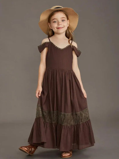 New Summer Strap Ruffle Girls Solid Color Slip Floor Long Dress Baby Kids Evening Party Dress Cloting for 4 6 7 8 10 12 Year