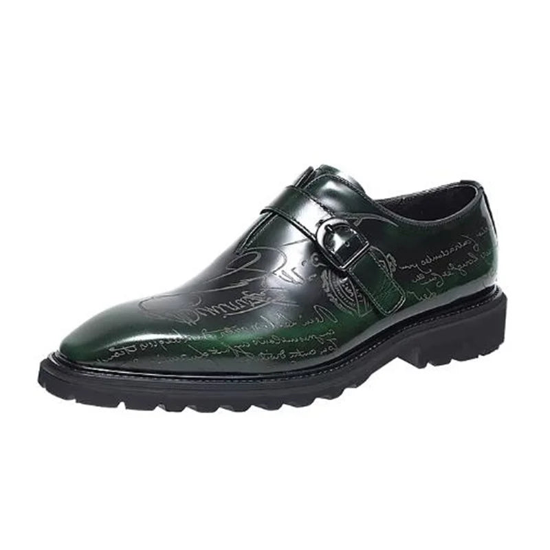 High-end Square-toe Slip-on Buckle Strap Leather Shoes Men Italian Formal Shoes Laser Engraved Letters Design Wedding Shoes Man