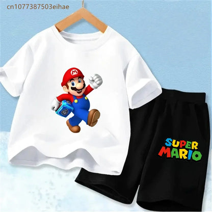 Kids Mario Graphic Short Sleeve T Shirt And Shorts Set Lightweight Summer Sport Costume Boys Girls Casual Home Outdoor Clothes